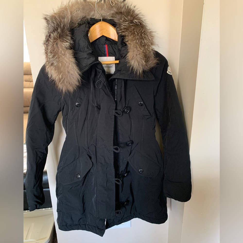Black, gently used Moncler down coat